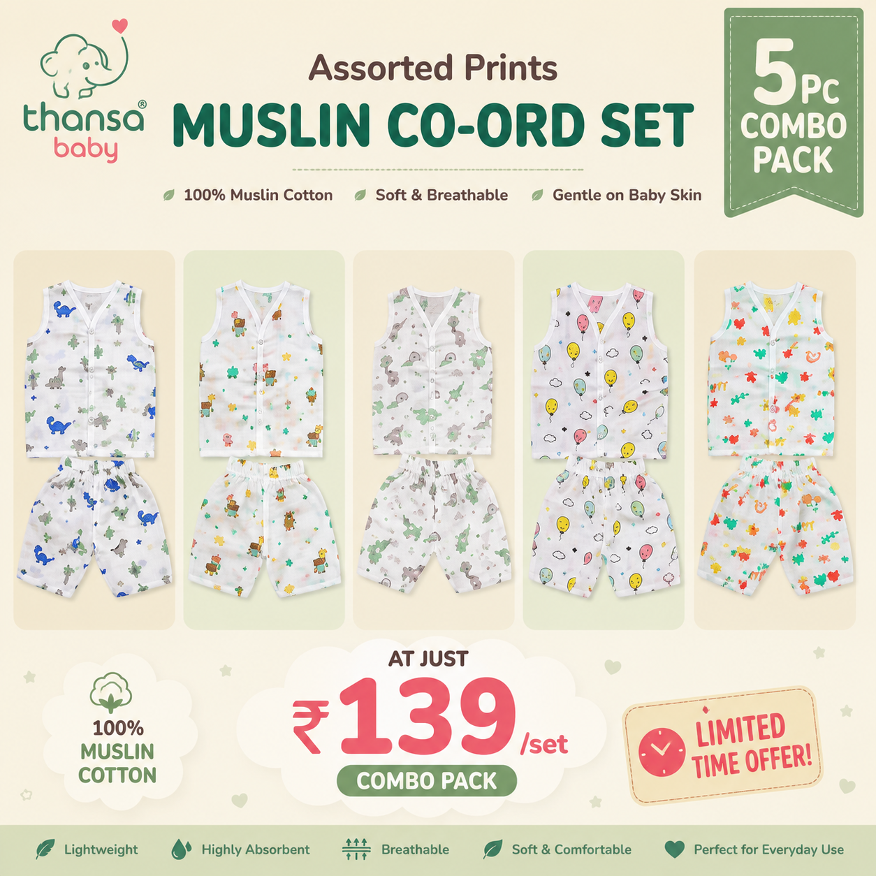 Muslin Co-Ord Set Combo (Pack of 5)