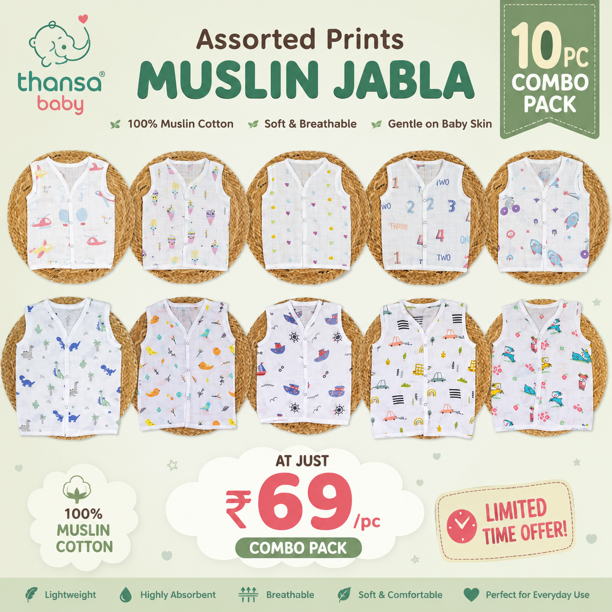 Muslin Jablas Combo (Pack of 10)