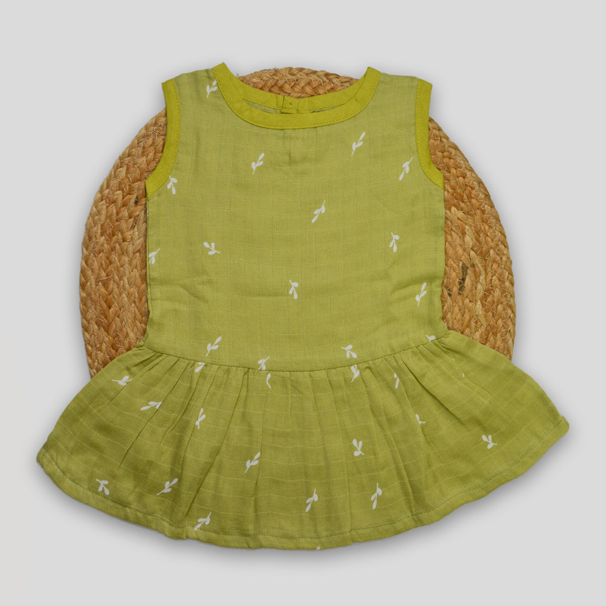 Olive Green Cotton Muslin Frock (3-6 months)