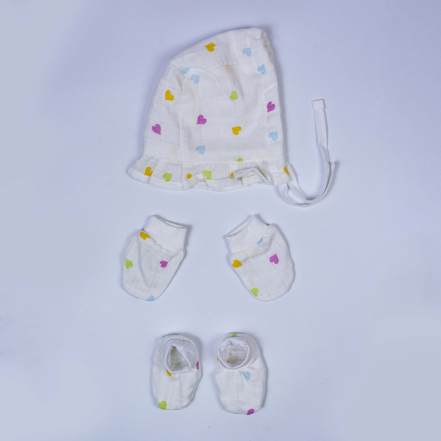 Tiny Heart Muslin Cap Mitten Booties set