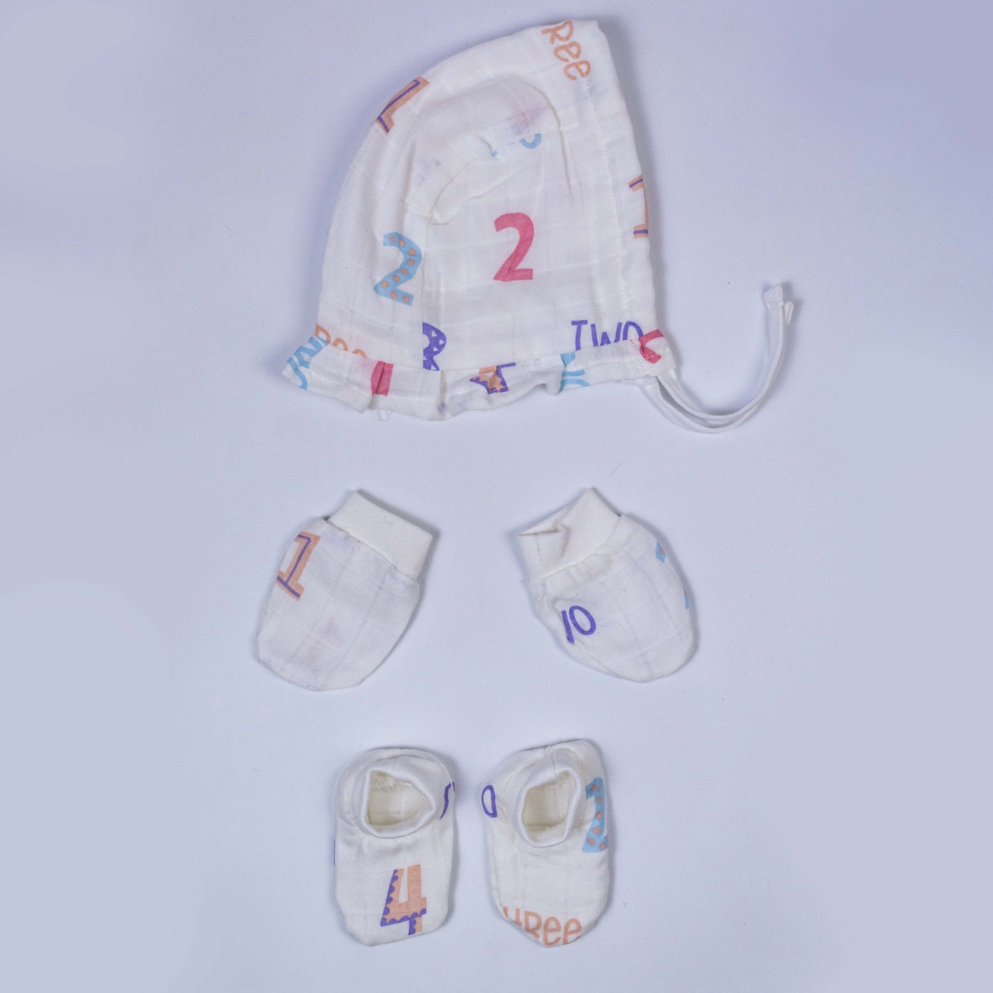 Numbers Muslin Cap Mitten Booties set