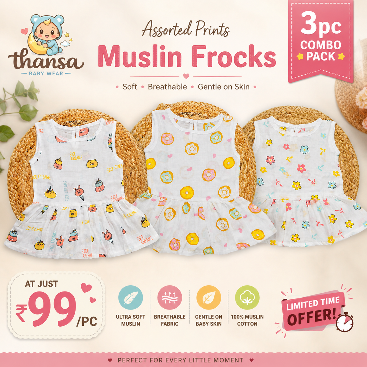 Muslin Frocks Combo (Pack of 3)