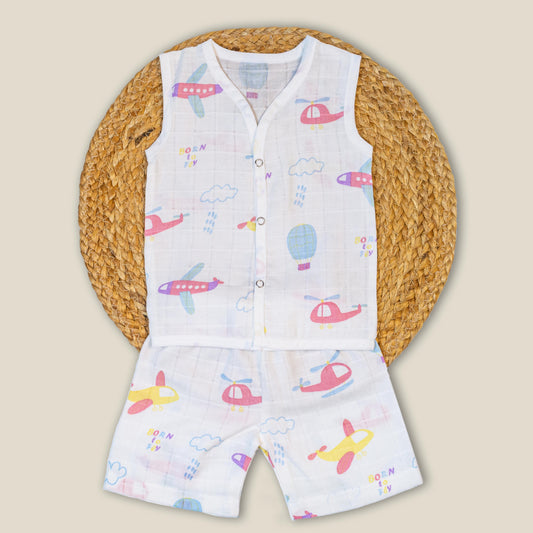 Airplane Organic Muslin Co-Ord Set (0-3 months)