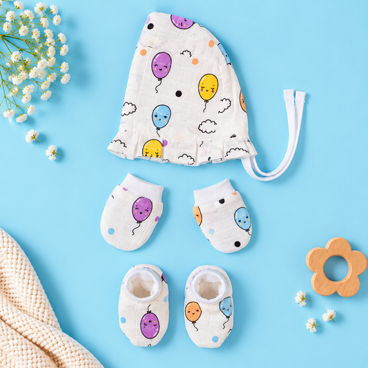 Balloon Muslin Baby Cap, Mittens & Booties Set