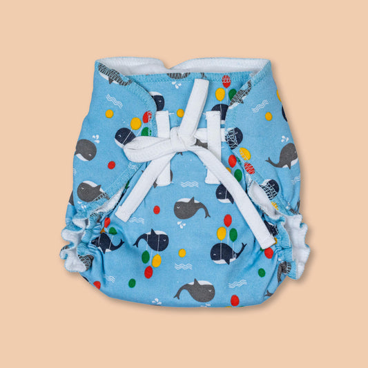 Blue Whale Print Reusable Cloth Diaper (New Born - 6 months)