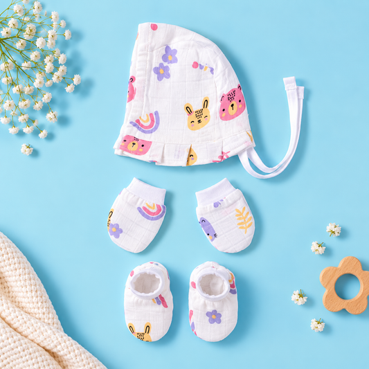 Bunny Muslin Baby Cap, Mittens & Booties Set
