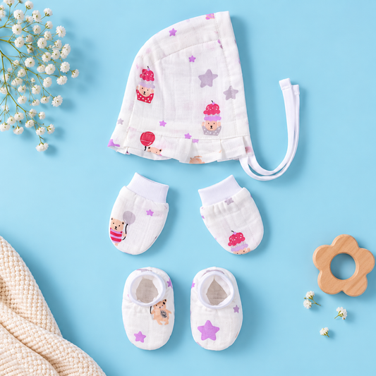 Cupcakes Muslin Baby Cap, Mittens & Booties Set