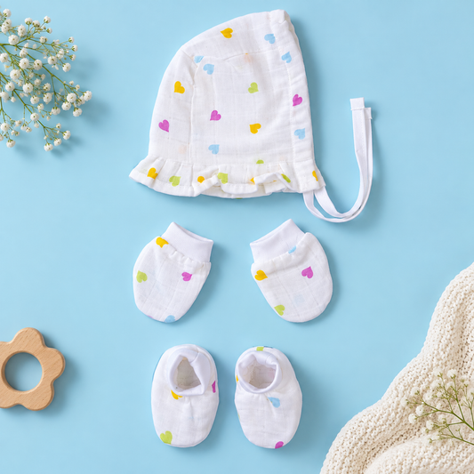 Heart Muslin Baby Cap, Mittens & Booties Set