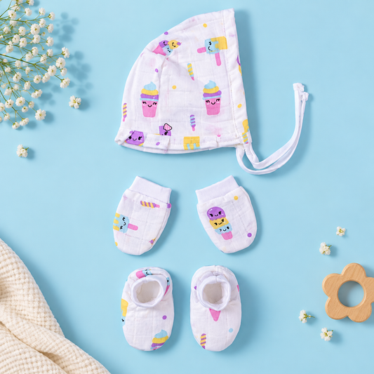 Ice Cream Muslin Baby Cap, Mittens & Booties Set