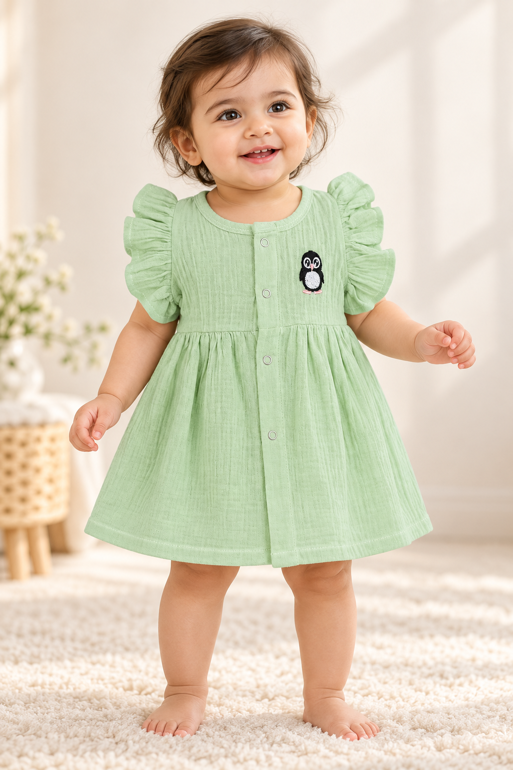 Cute Embroidery Crinkled Muslin Frock