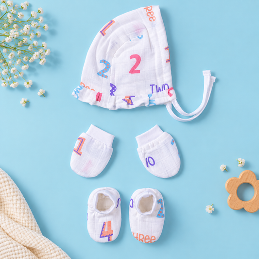 Numbers Muslin Baby Cap, Mittens & Booties Set