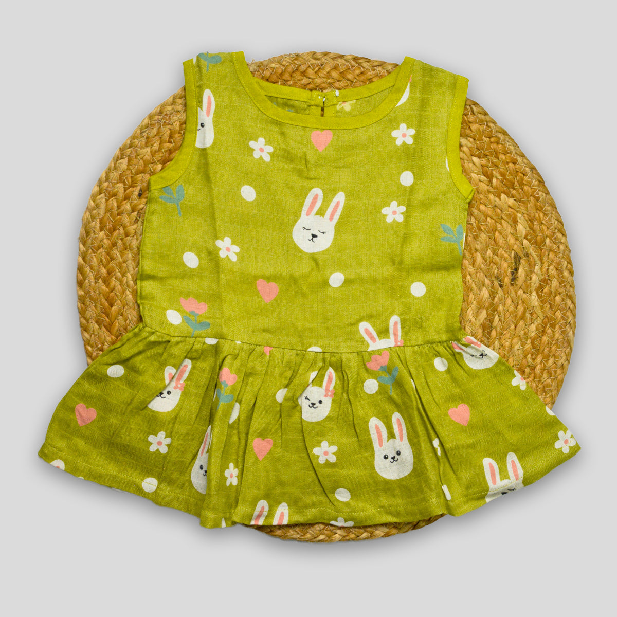 Olive Bunny Cotton Muslin Frock (0-3 months)