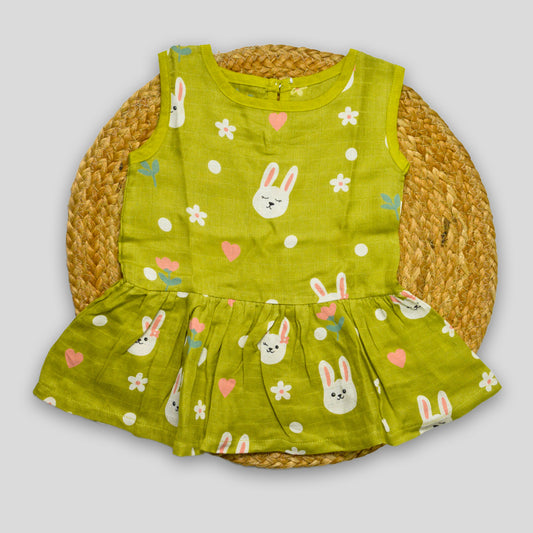 Olive Bunny Cotton Muslin Frock (0-3 months)