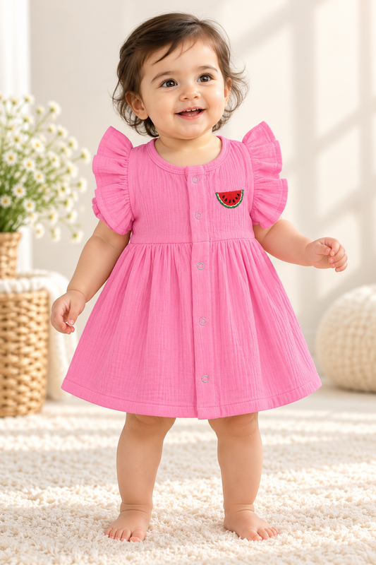 Cute Embroidery Crinkled Muslin Frock