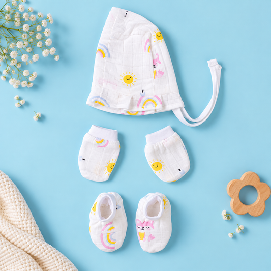 Rainbow Muslin Baby Cap, Mittens & Booties Set
