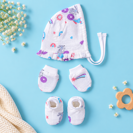 Rocket Muslin Baby Cap, Mittens & Booties Set