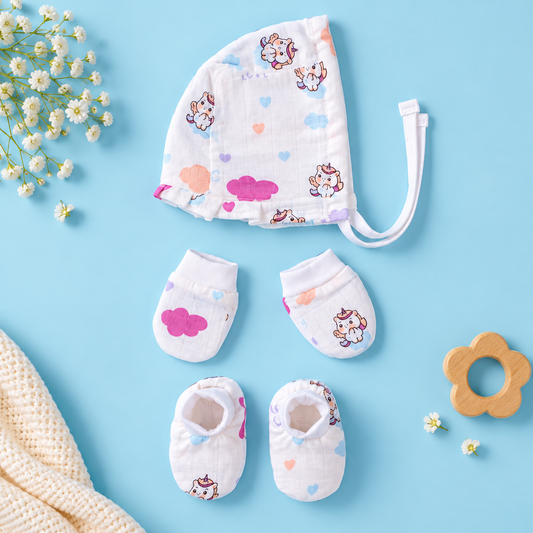 Unicorn Muslin Baby Cap, Mittens & Booties Set