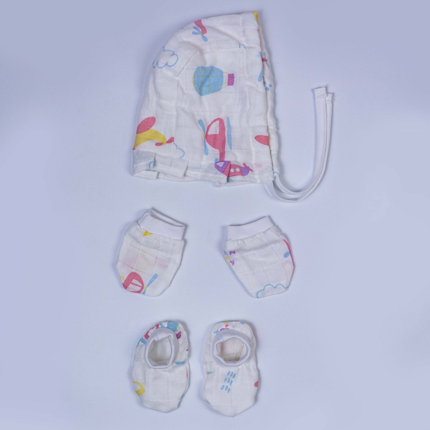 Airplane Muslin Cap Mitten Booties set