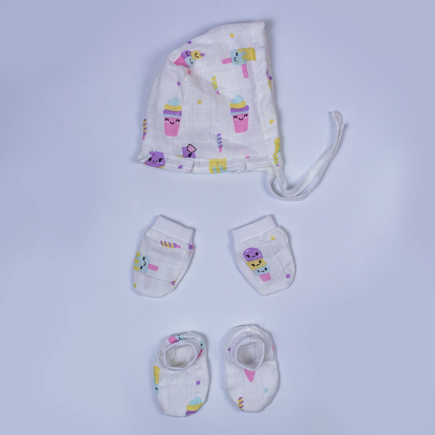 Ice Cream Muslin Cap Mitten Booties set