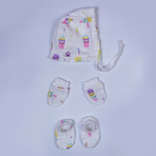 Ice Cream Muslin Cap Mitten Booties set
