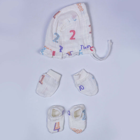 Numbers Muslin Cap Mitten Booties set